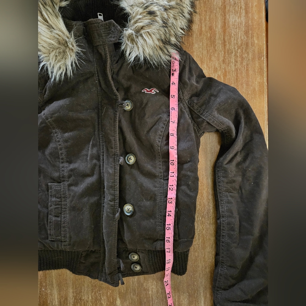 Y2K Vintage Hollister Womens Chocolate Brown Bomber Jacket with Faux Fur Hood XS - Picture 8 of 9